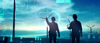 Collage Grafiken, Windräder und 2 Menschen mit Bauhelm  Collage Grafiken, Windräder und 2 Menschen mit Bauhelm